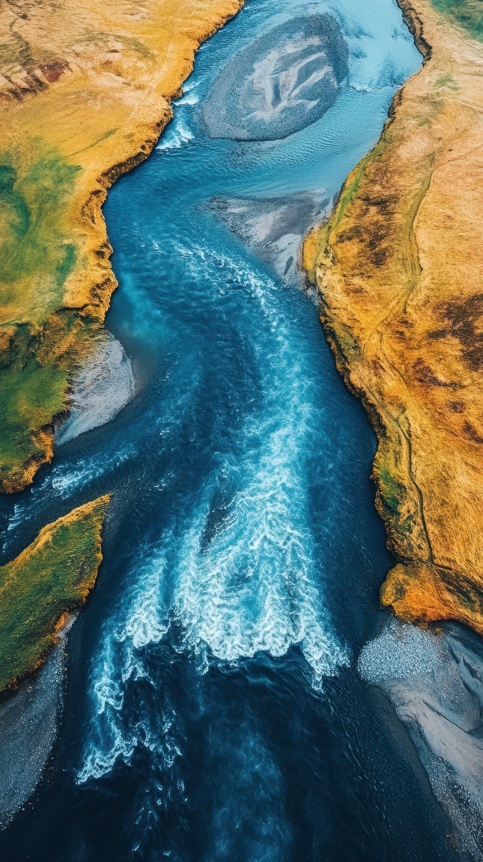 Majestic river flows between vibrant landscapes in Iceland on a sunny day